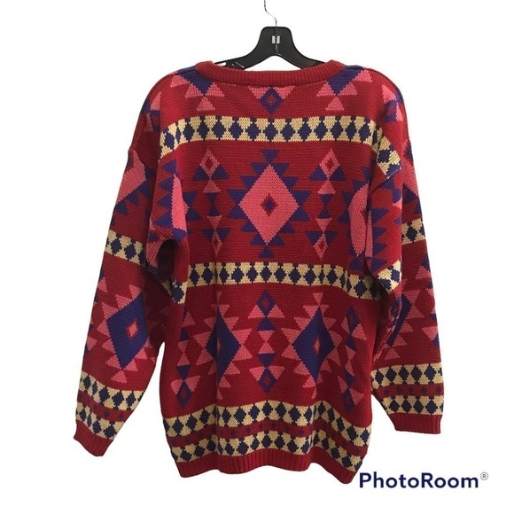 Michael Carrie Vtg 80's Sweater S Red Pink Shoulder Pad Bold Tribal Geometric - Picture 2 of 9